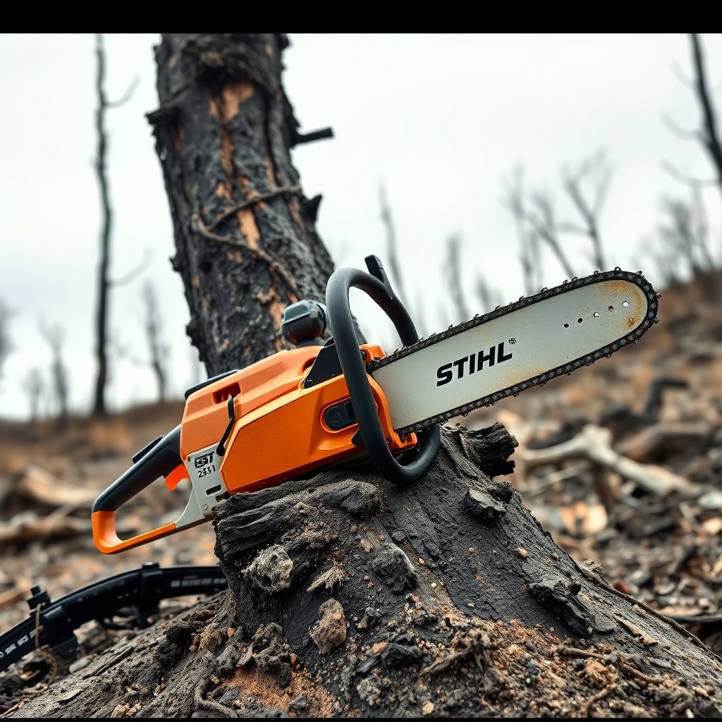 <A photorealistic photo of a Stihl MS 251 chainsaw cutting through a charred tree trunk