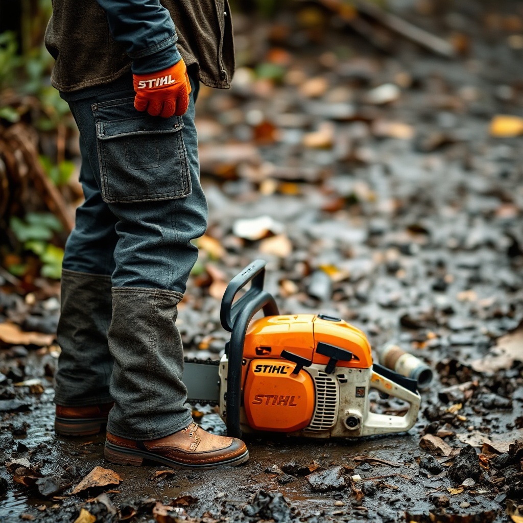 A clean photorealistic photo of a chainsaw operator wearing full Stihl safety gear (helmet