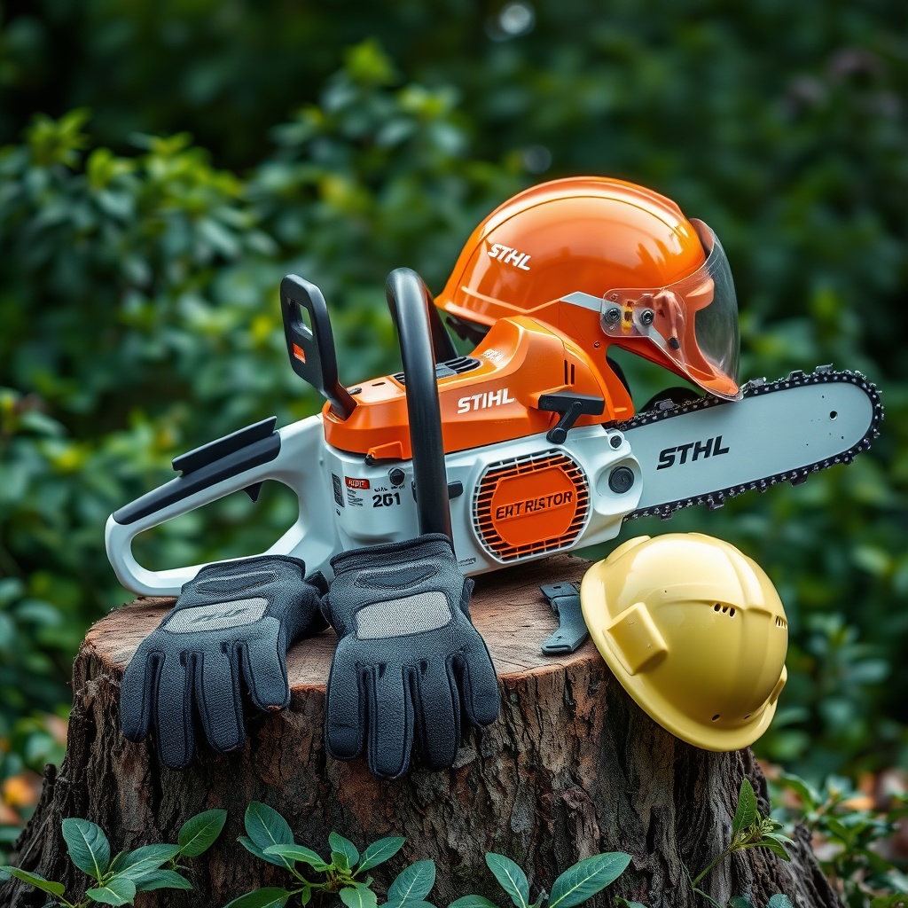 A clean photorealistic photo of a Stihl MS 251 chainsaw resting on a stump next to a pair