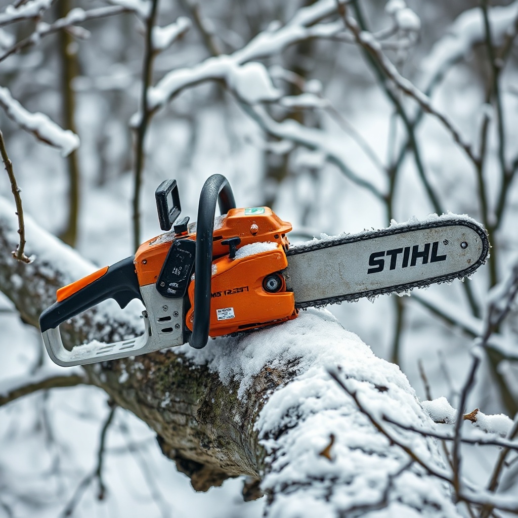 <clean photorealistic photo of a Stihl MS 251 chainsaw cutting through an icy oak branch i