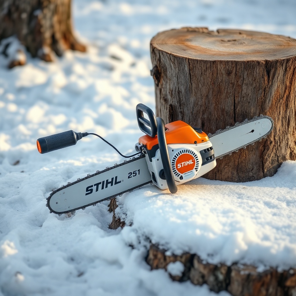 <clean photorealistic photo of a Stihl MS 251 with a heated handle kit and winter bar oil